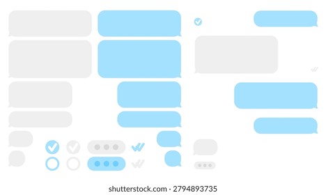Vector message icons set and talk dialogue window. Social network chatting speech bubbles for digital communication design. Modern text cloud frames for phone screen application interface.