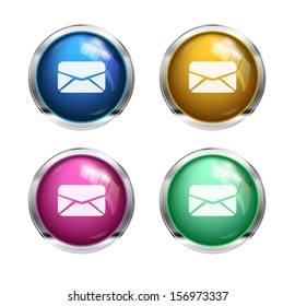 Vector message / letter buttons: blue, yellow,, pink and green