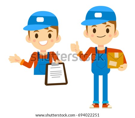 Vector Messenger man, Delivery man Character holding Package and Clip board isolated on White Background.