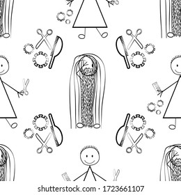 Vector Messy Hair And Beard Figures Covid 19 Seamless Pattern. Funny Stick Men And Women Drawing With Outgrown Styles Due To Self Isolation. Infographic Backdrop For Self Care Quarantine Concept.