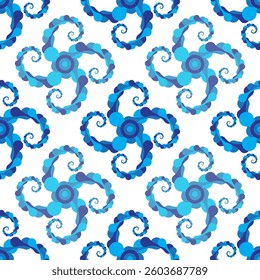 Vector Meta ball Connect Dot Set. Seamless Spiral Blue Molecule chain. Circle Shapes. Abstract Geometric Dots. Morphing Blob for Pattern, Sticker, Badge, Poster, Web Design.