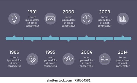 Vector metaball triangles timeline infographic, diagram chart, graph presentation. Business progress concept with 7 options, parts, steps, processes. Dark slide 16x9.