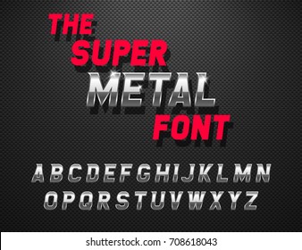 Alfabeto de metal vetorial. Fonte cromada dinâmica no fundo de carbono.