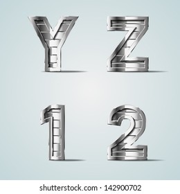 Vector metal alphabet letters and numbers Y Z 1 2