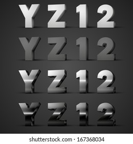 Vector metal alphabet letters and numbers Y Z 1 2