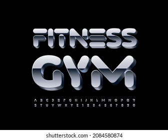 Vector Metal Banner Fitness Gym With 3D Abstract Font. Futuristic Iron Alphabet Letters And Numbers Set