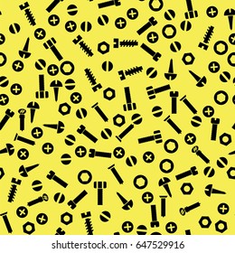 Vector Metal Bolt and Nut Seamless Pattern on Yellow Background