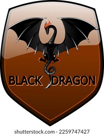 Vector metal brown shield with highlighted black dragon. Illustrative art, amazing illustration, cute and adorable! The best vector dragon made on whim! Decoration for halloween night! God is good!