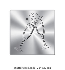 Vector metal button with vector illustrations glasses of champagne