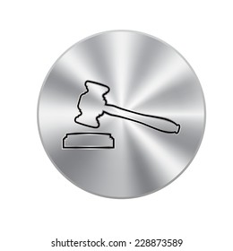 Vector metal button with judge or auction hammer icon