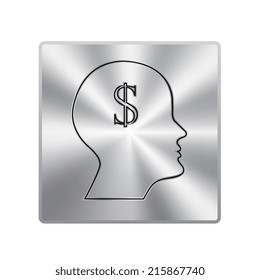 Vector metal button with Male profile silhouette With the dollar mark on the head