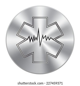 Vector metal button with Medical symbol of the Emergency - Star of Life - icon isolated