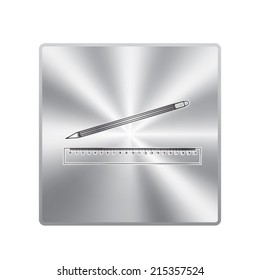 Vector metal button with Vector Pencil and Ruler Icon