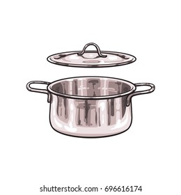 vector metal chrome cooking pot sketch cartoon isolated illustration on a white background. Kitchenware equipment utensil objects concept