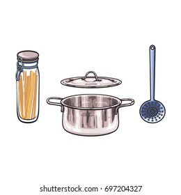 vector metal chrome cooking pot, skimmer, glass jar with swing top lid set sketch cartoon isolated illustration on a white background. Kitchenware equipment utensil objects concept