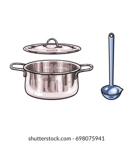 vector metal chrome cooking pot, ladle sketch cartoon isolated illustration on a white background. Kitchenware equipment utensil objects concept