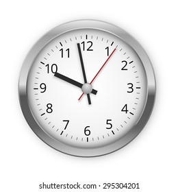 Vector metal clock hanging on the wall. Realistic illustration
