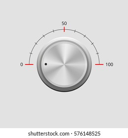 Vector metal control knob with scale from 0 to 100 on light grey background