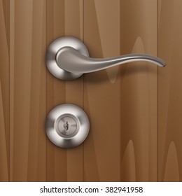 Vector Metal Door Handle Lock Isolated on Wood Wooden Background