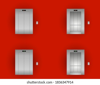 Vector metal elevator outside and inside on a red wall background