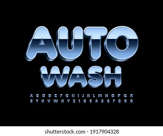 Vektor-Metall-Emblem Auto Wash. Glossy Chrom Font. Silver Alphabet Letters and Numbers set