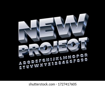Vector metal emblem New Project with 3D Silver Font. Chrome Alphabet Letters and Numbers