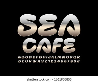 Vector metal emblem Sea Cafe with handwritten Font. Chrome Alphabet Letters and Numbers