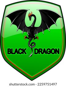 Vector metal green shield with highlighted black dragon. Illustrative art, amazing illustration, cute and adorable! The best vector dragon made on whim! Decoration for halloween night! God is good!