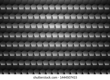 Vector metal grey embossed pattern pentagon plastic grid background. Technology pentagon shape cell dark volume geometric pattern