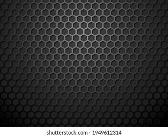 Vector metal hex grid black background. Black iron hexagonal grill texture. Technology wallpaper