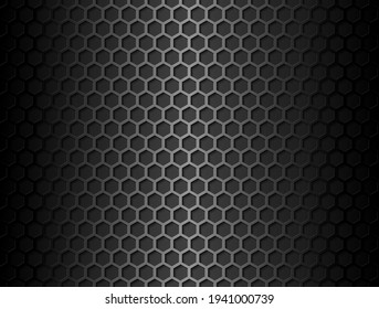 Vector metal hex grid seamless pattern on black background. Black iron hexagonal grill endless texture. Web page fill