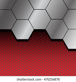 Vector metal hexagon and mesh pattern on red design background illustration.