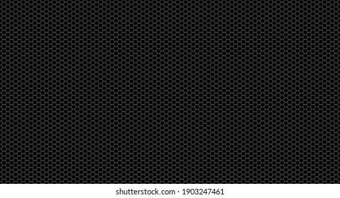 Vector metal hexagonal grid background. Black metal texture steel background. Perforated sheet metal. Black technical background. 3D realistic vector illustration.