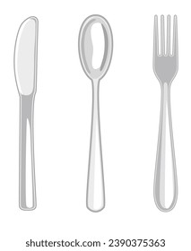 cuchillo metálico vectorial, cuchara y tenedor aislados en fondo blanco. 