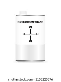 Vector metal liquid container can with dichloromethane. Illustration of a chemical alcohol solvent. On the packaging is the name and formula of chemical substance.