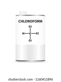 Vector metal liquid container can with chloroform. Illustration of a chemical alcohol solvent. On the packaging is the name and formula of chemical substance.