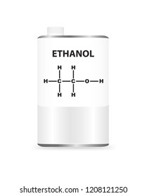 Vector metal liquid container can with ethanol. Illustration of a chemical drinking or ethyl alcohol solvent. On the packaging is the name and formula of chemical substance.