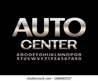 Vector metal logo Auto Center. Modern chrome Font. Reflective silver Alphabet Letters and Numbers