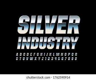 Logotipo de metal vectorial Silver industria con fuentes reflectantes de lujo. Letras y números alfabetos cromados