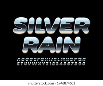 Logotipo de metal vectorial Lluvia plateada con fuente reflectante. Letras y números de alfabeto cromados y brillantes