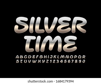 Logotipo de vector metal Silver Time. Fuente cromada creativa. Letras y números alfabetos reflectantes