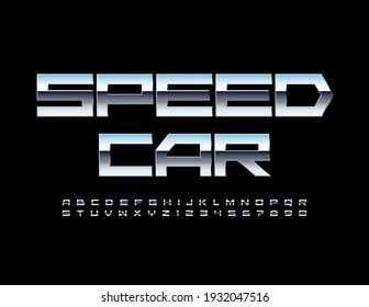 Logotipo de vectores metálicos - Auto de velocidad. Tipo de letra plateado brillante, estilo Techno Alfabet Letras y números establecidos