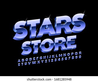 Vector metal logo Stars Store. Glittering 3D Font. Silver sparkling Alphabet Letters and Numbers