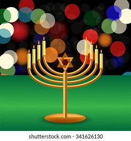 Vector Metal Menorah with Burning Candles is on Green Table.