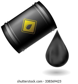 Vector Metal Oil Barrel Isolated on White Background. Big Drop of Oil. Fuel Droplet. Drop of Oil Poured from a Black Barrel
