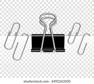 Vector metal paper clip isolated on transparent background. Realistic paper holder.