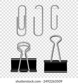 Vector metal paper clip isolated on transparent background. Realistic paper holder.