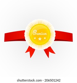 Vector metal premium round badge on red ribbon isolated on background. Premium three stars