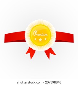 Vector metal premium round badge on red ribbon isolated on background. Premium three stars
