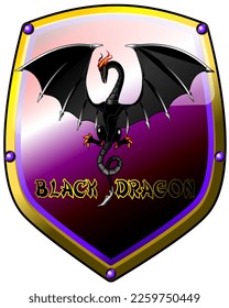 Vector metal purple color shield with highlighted black dragon. Illustrative art, amazing illustration, cute and adorable! The best vector dragon made on whim! Decoration for halloween night!